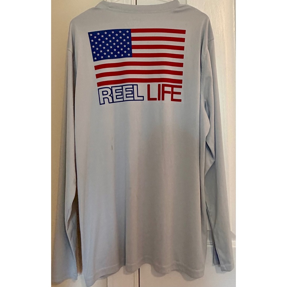 Reel‎ Life Mens XL Long Sleeve Performance Fishing Shirt Gray American Flag Logo